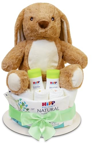 MilaBoo® Windeltorte grün mit kuscheligen kleinen Hasen I hochwertiges Neugeborenen Geschenk mit Windeln und Produkten