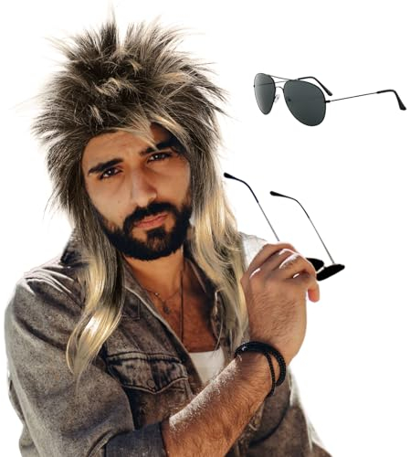 EUPSIIU Perruque Mulet Homme des années 80 Perruque Hippie avec Lunettes de Soleil pour Carnaval Halloween Hippie Deguisement Punk Gothique Rocker Kit Perruque Afro Style Disco 70's(Blonde)