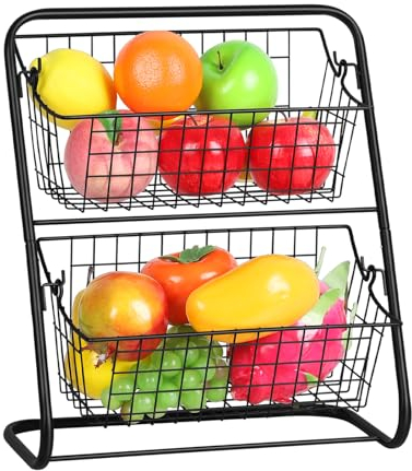 Luplom 2 Tier Countertop Hanging Fruit and Vegetable Basket, Metal Wire Storage Baskets, Fruit Stand Organizer Holder for Bread Snack Veggies Produce, Black