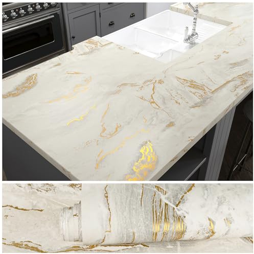 VEELIKE Papel Pintado Marmol Beige Mate Papel Mármol Oro Grueso Papel Adhesivo para Encimera Cocina Papel Autoadhesivo Pared Impermeable Papel de Pared Decorativo Salon Papel Tapiz Baño 40cmx300cm