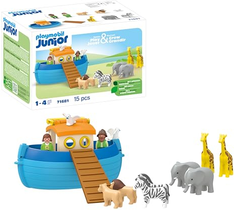 Playmobil 71681 Junior : Arche de Noé transportable - Comprenant Une Rampe et 5 Paires d'animaux - Jouet fabriqué à partir de matière d'origine végétale - Dès 12 Mois