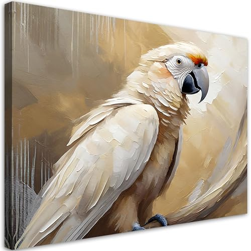 Feeby Wandbild - Wohnzimmer Modern Deko - Papagei Vögel Beige wie gemalt - 120x80 1tlg - Bilder Leinwand - Bild auf Leinwand Schlafzimmer - Leinwandbilder für die Wand - Canvas Painting - Fotokunst