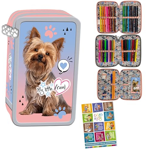 Goldkids - Federmäppchen 3 Fächer - Mäppchen für Mädchen - Federmappe 3-Fach Federtasche Gefüllte Schüleretui 43-teilig - Schulmäppchen Motiv - Hunde