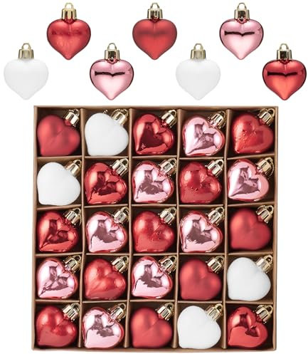 Valery Madelyn 25pcs Valentine's Day Tree Decorations,Heart Bauble Ornament, Red Pink White Multi-finishes Shatterproof Heart Shape Baubles Hanging for Gift,Home Decor 4cm