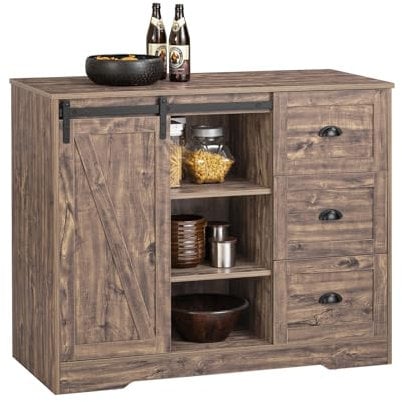 SoBuy Kücheninsel Highborad Kommode Schrank freistehend Küchenschrank Sideboard Bartisch Esstisch Buffet Industrie-Design Vintagebraun BHT ca. 110x90x50cm KNL08-N