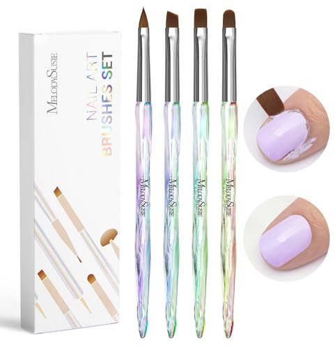 MelodySusie 4Pcs Nail Brush Kit, Flat/Oval/Angled/Carved Brushes Design for Gel Nail Art, Polish Application and Clean Up, Professional Manicure Tool Nail Brushes for DIY Home Salon Use