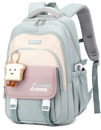 Amythe Schulrucksack Teenager - 36L Schulranzen für Mädchen ab 5. Klasse, Großer Rucksack für Mittel- und Oberstufe, Lässiger Kinderrucksack mit Süßem Anhänger und Trolleyband, Grün