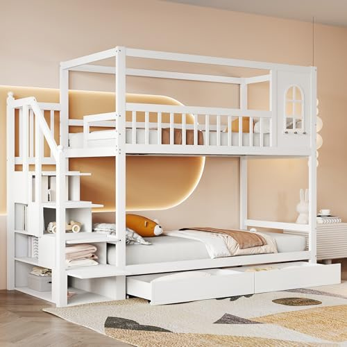 Merax Etagenbett für Doppelbett, 90 x 200 cm, multifunktionales Hochbett für Kinder mit Schublade, Weiß (ohne Matratze)