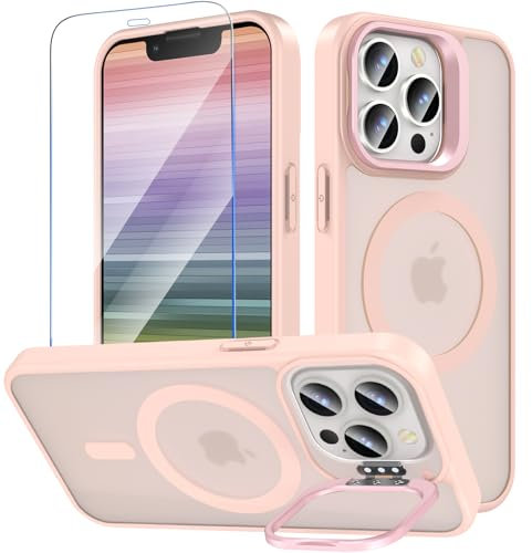 OWKEY Custodia magnetica per iPhone 13 Pro, con supporto, trasparente, opaca, con pellicola protettiva in vetro, compatibile con MagSafe, militare, antiurto, per iPhone 13 Pro, rosa