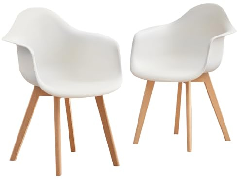 GrandCA Home 2er Set Esszimmersessel, Esszimmerstühle 2er-Set, Sesselstuhl, Geeignet für Schlafzimmer, Küche, Esszimmer, Büro, Kunststoffstuhl, Beine aus Massivholz（Weiß，2）