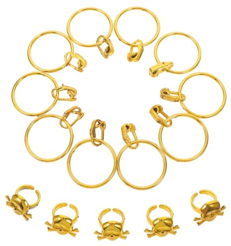 SKISUNO Piraten Ohrclips Und Schädelringe Set Goldene Ohrhänger Und 5 Goldene Halloween Ringe Ideal Für Kostümparty Karneval Und Festlichkeiten Finger Accessory Und Ring