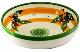 Kaladia - Reibeschüssel/Keramikhobel - ideal zum Gewürze reiben und Servieren von Gerichten - Motiv: Gelb/Weiß/Olive - Durchmesser: 23 cm - handgemacht & handbemalt - Made in Spain