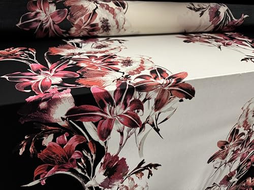 ITY Tissu jersey extensible en élasthanne, au mètre – Imprimé fleurs de lys – Ivoire noir et rose
