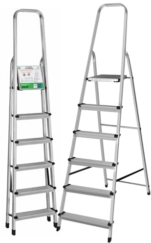 HR Hogar - Escalera Plegable 6 Peldaños de Aluminio Homologada - Fabricada en Europa - Antideslizante, Resistente y Segura - Carga máx. 150 kg, Altura útil: 127 cm
