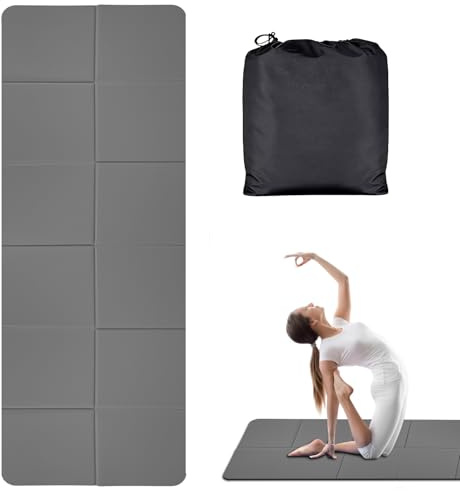 8mm Faltbare Yogamatte Reise Leicht Reiseyogamatte mit Tragetasche Klappbare Fitnessmatte Rutschfest Pilates Mat Tragbare Trainingsmatte Gymnastikmatte für Reisen, Yoga, Pilates(183×61cm)(grau)
