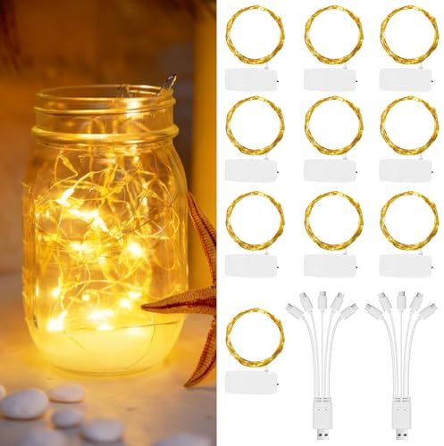 LED Lichterkette Warmweiß, 2M 20 LED Flexibel Draht Leuchten, Wiederaufladbar, Abnehmbares Batteriefach, Wiederverwendbar, warmweißes Dauerlicht, für Partys, Weihnachten Deko (10)