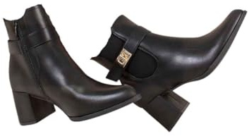 iKrush Women's Composition Leather Black Ankle Boots with Block Heel, Side Zip & Buckle Strap Detail