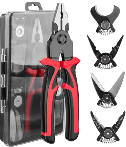 5-in-1 Multi-Purpose Pliers with Interchangeable Heads, Combination Interchangeable Pliers Kit, Wire Stripper, Wire Crimper, Linesman Pliers, Cable Cutter, Electricians Scissor with Storage Case