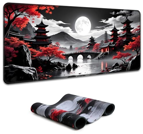 Simpkeely Gaming Mauspad Japanische Mondlandschaft Schwarze Pagoda | Rote Ahornbäume, XXL 80 x 30 cm, Rutschfeste Gummibasis, Wasserfest, Für Büro & Gaming