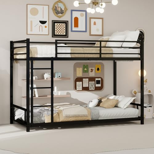 OKMYHOME Lit Superposé 90x190 cm - Lit Enfant Simple avec Échelle et Barrière de Sécurité - Structure en Fer - sans Matelas - Noir