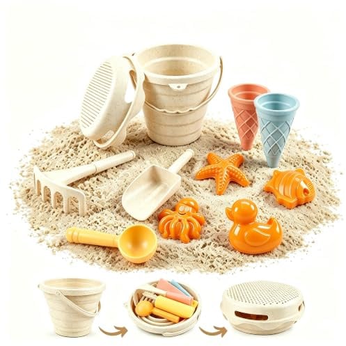 Anguxer Jouet de Plage Enfant avec Seau Pliable, Kit Jeux de Sable | 10 Pièces avec Pelle, Râteau, Moules et Accessoires, Seau Plage Portable pour Enfants, Vacances, Jardin et Bac à Sable