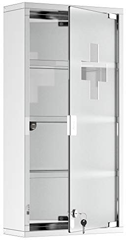 HOMCOM 4 Tier Stainless Steel Wall Mounted Medicine Cabinet Glass Lockable Door Storage Shelves Houseware Bathroom Furniture 60Hx30Wx12D(cm) w/2 Keys