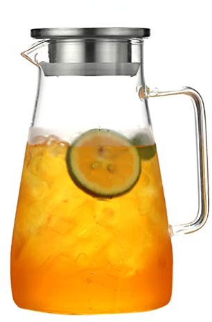 Teekanne Glas Teebereiter, Glaskaraffe 1,8 Liter (Volle Kapazität) Glaskrug aus Borosilikatglas Wasserkrug mit Edelstahl Deckel Karaffe Glaskanne