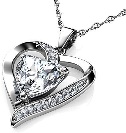 DEPHINI – Weiße Herz-Halskette – 925er Sterling-Silber – A+-Zirkonia-Kristall – feiner Schmuck – 45 cm lange, hochwertige rhodinierte Silberkette – Geschenke für Frauen