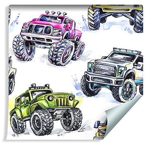 Muralo Tapete Für Kinder - Bunte Autos Monster Truck Aquarell Vlies Kind modisch Zeichentrickfilm - 597572093