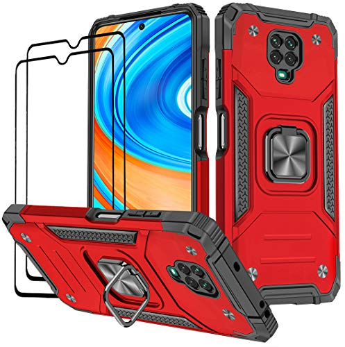 KANSi Cover compatibile per Xiaomi Redmi Note 9 Pro/Redmi Note 9S, Vetro Temperato [2 Pack] Custodie Silicone TPU 360° Rotante Anello Magnetica Anello Ring Supporto Bumper - Rosso
