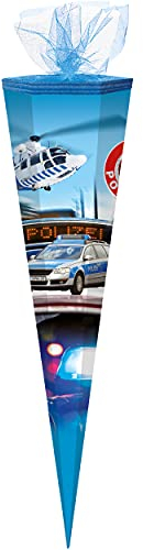alles-meine.de GmbH Schultüte Größe + Motiv wählbar 6 eckig - Zuckertüte - Tüllabschluß - Junge - Polizei Auto Fahrzeug Polizist Hubschrauber Helikopter Polizeiauto Polizeifa..