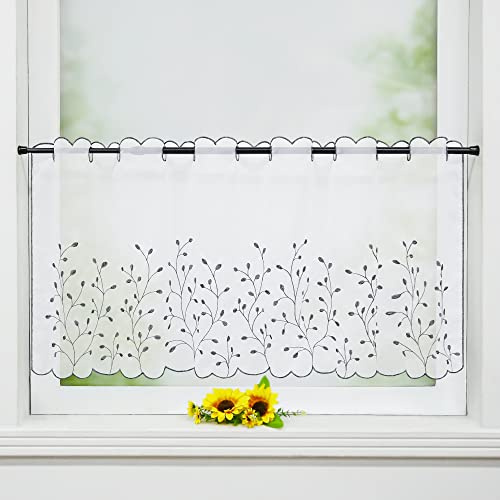 Delien Voile Scheibengardinen Küche »Grünland« B120 x H45 cm, Dunkelgrau | 1 Stück,Bistrogardine mit Stickerei,Transparent Kurzstores,Durchstangenzug Kurzgardinen,Kurzvorhang mit Blattmuster