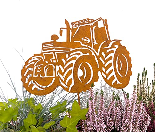Gartenstecker Traktor aus Metall – Rostfigur 25 cm breit, 45 cm hoch – Wetterfeste Edelrost Gartendeko für Garten, Hof & Terrasse – Handgefertigte Landmaschinen-Figur