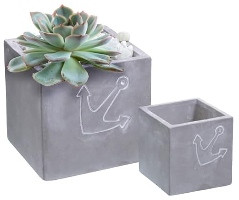 Dragimex Ein Pflanztopf 'Anker', grau/weiß gewischt, Beton ca. 7,5 x 7,5 x 7 cm H oder ca. 11 x 11 x 10,5 cm H, ohne Deko (11 x 11 x 10,5 cm)