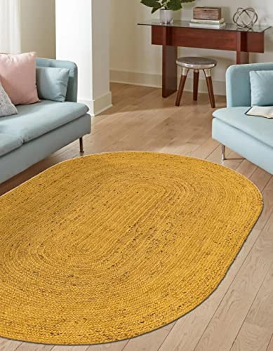 Agro Richer RUG Jute-Teppich, natürlich, handgeflochten, oval, gelb, handgefertigt, Naturfaser, Teppich, Küche, Flur, Teppiche für Wohnen, 60 x 120 cm
