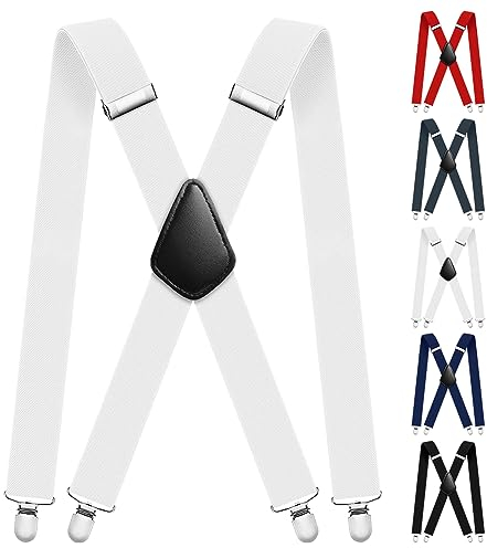 Aomig Hosenträger für Herren, Hosenträger Herren Extra Stark Breit 3,5 Cm mit Sehr Starken 4 Metall Clips, Einstellbar und Elastisch Einheitsgröße Hosenträger für Männer und Damen, X Style(Weiss)
