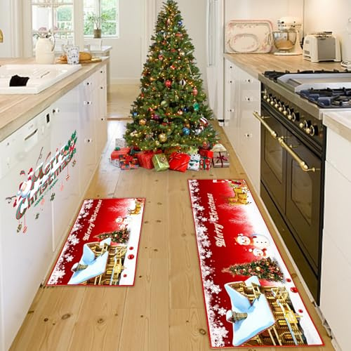 Juego de 2 alfombras de cocina de Navidad, antideslizantes, para dormitorio, sala de estar, pasillo, cocina (40 x 60 + 40 x 120 cm, Navidad A)