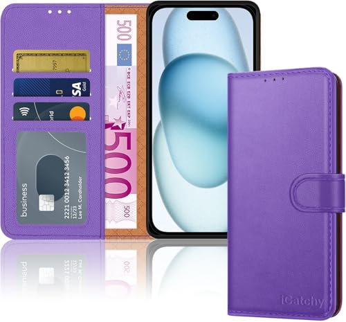 iCatchy iPhone 15 Case Leather Wallet Case, Flip Protective Case Cover with Wallet Card Holder Magnetic Closure Kickstand Shockproof Phone Cover compatible for iPhone 15 (Lilac)