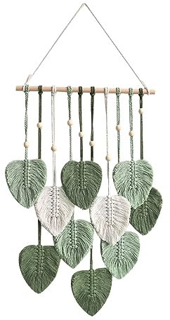 Macrame Wall Hanging Boho Decoration Beads and Green Leaves Tapestry Wall Hanging Wall Decoration Feather Chic Woven Art for Bedroom Living Room Decoration (Army Green)