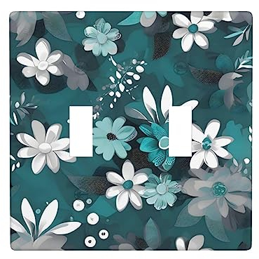 Placa decorativa de pared para interruptor de luz floral gris azulado y blanco, tamaño 4.5 x 4.5 pulgadas, fácil de instalar y resistente al calor