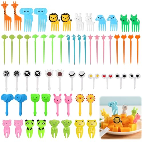 FainFun 60 PCS Tenedores de Frutas Niños, Palillos de Dientes de Animales, Mini Tenedores Infantiles Reutilizablem para Frutas, Loncheras, Postres, Té de la Tarde, Fiestas Infantiles(Color Aleatorio)