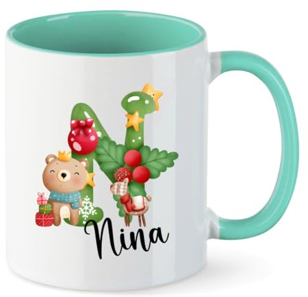 minimutz Weihnachtstasse Kinder mit Name personalisiert | Tasse Trinkbecher Kaffeetasse Keramik Mädchen Jungen | Teetasse Weinachtsalphabet ABC (mint)