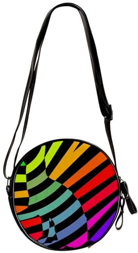 suojapuku Kleine Umhängetaschen für Damen,runde Umhängetasche,Bunte gestreifte abstrakte Kunstkatze,Handytaschen Handtaschen