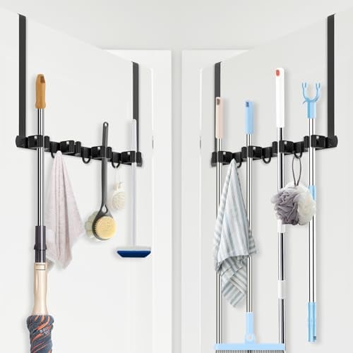PrimZooty Broom Holder Over The Door 2PCS - 304 Stainless Steel Mop and Broom Hanger Wall Mounted or Hanging Over The Door with Hooks - Tool Organizer for Garage Closet Laundry Kitchen Decor