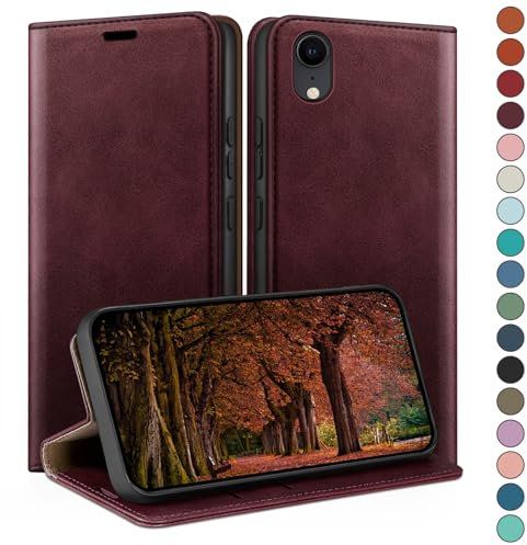 HUOUH für iPhone XR 6.1 Hülle mit RFID Schutzhülle aus Lederhülle Handyhülle,360 Grad Schutz Case,Kartenfach Leder ständer Handy hülle für Apple XR Klapphülle Wallet Cover Rotwein