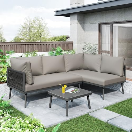 DRIXNO Garden Lounge Set Iron Garden Furniture Set Grey Rope L Shape Garden Furniture Set Grey Rope Lounge Set with Seat Cushion Adjustable Feet 2 Sofas and 1 Table