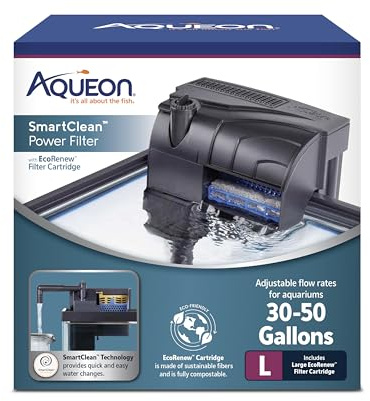 Aqueon SmartClean Power Filter with EcoRenew Filter Cartridge, Quick and Easy Water Changes, Quiet Operation, Adjustable Flow, for 30-50 Gallon Freshwater and Saltwater Aquariums, Large
