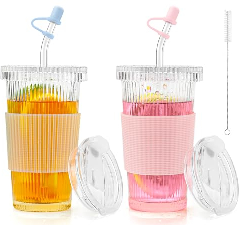 Glass Cups Straws with Lids 375ml/12oz Set,Glass Straw Cup with Silicone Sleeve,for Coffee Ice Drinking Glasses.(2-Pack)