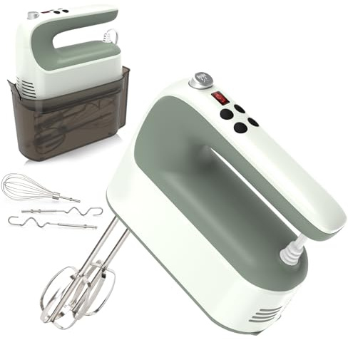 Yomelo 9-Speed Digital Hand Mixer Electric, 400W Powerful DC Motor, Hand Mixer Electric Handheld with Snap-On Storage Case, 5 Stainless Steel Accessories, Beaters, Dough Hooks, Whisk(Light Green)