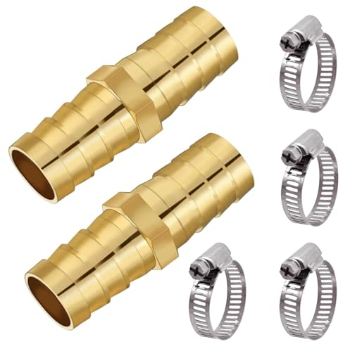 Kujinova Pack of 2 Hose connectors, 0.75 inches (19 mm), Brass, Including 4 Clamps (Stainless Steel W4), for Hoses with an Inner Diameter of 19 mm, Suitable for Connecting Flexible Hoses